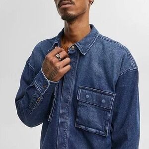 Mode of One Mens Regular Fit Denim Cargo Overshirt Dark Wash Blue XL 100198385MN